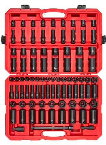 TEKTON 1/2 Inch Drive Shallow and Deep 6-Point Impact Socket Set with Case, 87-Piece (5/16-1-1/4 in., 8-32 mm) | SID92407