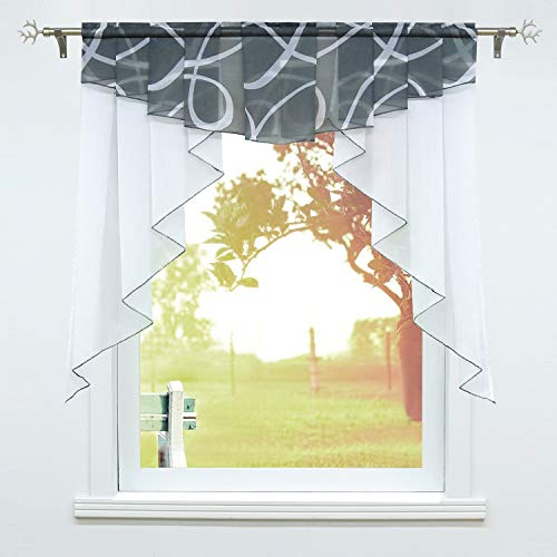 SCHOAL Kitchen Bistro Curtains Voile Transparent Short Curtains Small Window Curtains with Ruffle Tape / Drawstring 1 Piece W x H 100 x 100 cm Grey