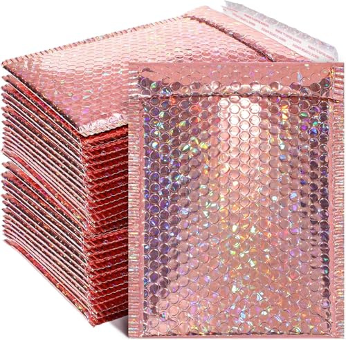 30 Pieces Holographic Bubble Mailers Padded Mailer Holographic Bubble Mailers Padded Envelopes Self Sealing Cushion Envelopes for Mailing, Shipping and Packing(Rose Gold, 11 x 7 Inch)