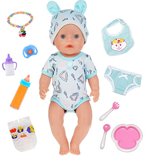 ebuddy Insgesamt 12-teiliges Puppenkleidungszubehör-Set für 43 cm / 17 Zoll Neugeborene Babypuppen Inklusive Strampler Hut Magische Brustwarzen Teller Löffel Windeln Lätzchen