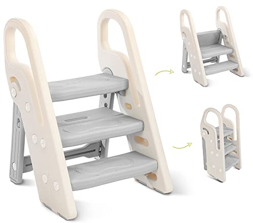 Onasti Taburete Plegable de Escalon Infantil, Taburete Niños 3 peldaños, Asiento de Entrenamiento para Inodoro, multifunción, Ajustable en Altura, Antideslizante (Gris)