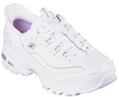 Skechers Women's D'Lites New Scene Hands Free Slip-Ins Sneaker, White/Silver, 9