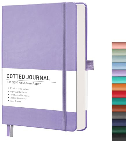 RETTACY Dotted Journal Notebook, 256 Pages, A5 Medium Size (5.7'' × 8.3''), Leather Hardcover, 120 GSM Thick Paper, for Journaling, Planning, Tracking (Purple)
