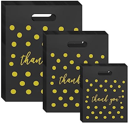 300 sacchetti di plastica per tende, con parola Thank you, 3 misure sacchetti della spesa riutilizzabili con manici sacchetto regalo grazie buste shopper per feste, regali, boutique