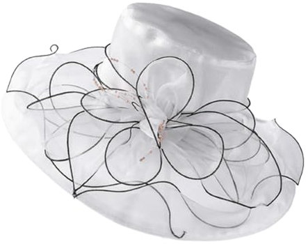 HIQIU Organza Hut Damen Breite Krempe Sommerhut Strandmütze, Ladies Elegant Sonnenhüte Fascinator Kirche Derby Hochzeit Party Hut (Weiß)