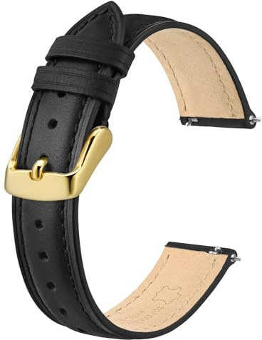 BISONSTRAP Bracelets de Montre en Cuir Élégant, Libération Rapide, Bracelet de Montre pour Femmes et Hommes, 14mm, Noir (Boucle Dorée)
