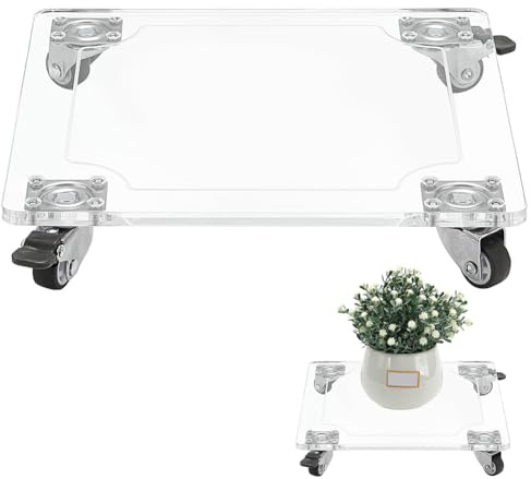 BENECREAT Maceta de acrílico, 25 x 25 cm, soporte cuadrado transparente para macetas con 4 ruedas, capacidad de 30 kg, soporte para plantas con cerradura para presentación de macetas