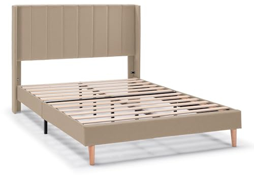 HOMN LIVING Estructura de Cama tapizada Noelia de 30 cm, Base para colchón 150x190 cm, Somier de láminas de Madera, Montaje Sencillo, Beige