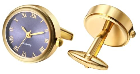 JewelryWe Gemelos Reloj Redondos Hombre: Gemelos de Camisa Esmoquin Oro con Reloj de Cuarzo Analógico Escala de Números Romanos 2 Piezas - Para Bodas Eventos Empresariales Fiestas