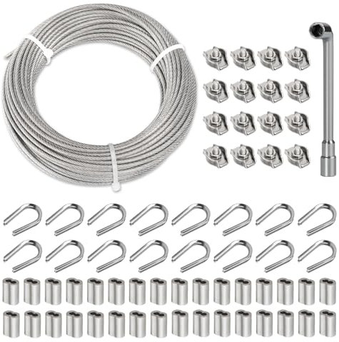 TooTaci 3mm Steel Wire Rope Kit, 30M/3mm PVC Coated Stainless Steel Cable, 7×7 Strands, Includes M3 Crimping Sleeves, Clamps & Thimbles for Garden Wire, Curtain Hanging, DIY Use