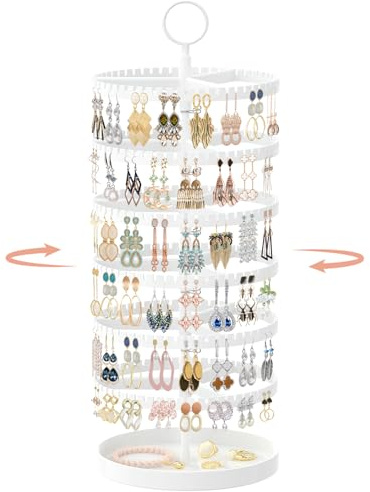 iDavosic.ly 6 Tier Rotating Earring Holder Organizer, Metal Tray, White
