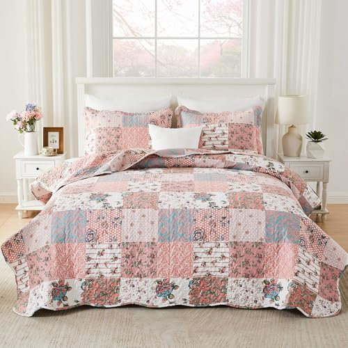 Qucover Juego de Colcha Cama 180 Ultrasónica, Colcha Rosa Estampada 240x260cm, Cubrecama Patchwork Microfibra con 2 Fundas de Almohada, Manta de Verano Cama 180 Superligera con Elegante Patrón Foral