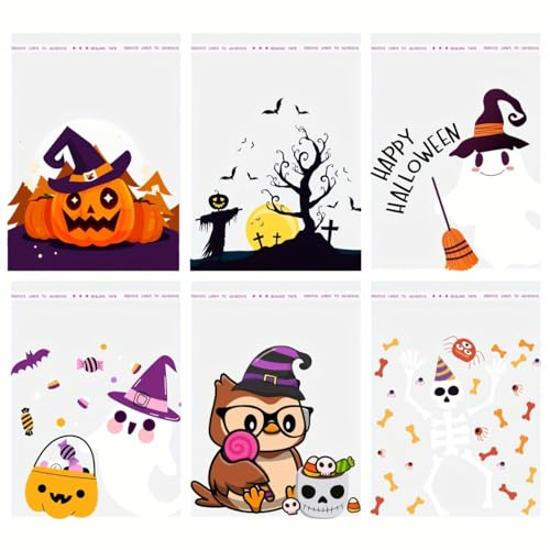 Bolsas Autoadhesivas para Galletas Halloween 10x10cm, Truco o Trato Transparentes de Celofán, para Regalos y Decoración de Fiestas (120 Piezas, 6 Estilos)