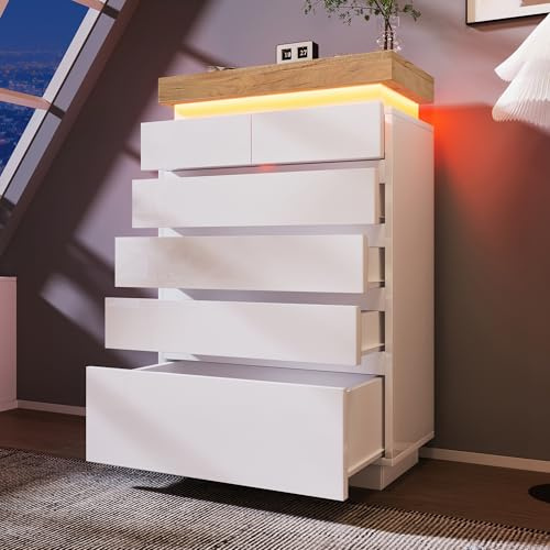 KAZZIO Aparador de 6 cajones brillante con iluminación LED (control de aplicación), armario multiusos para salón y dormitorio, color blanco (6 cajones)