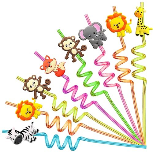 YOUYIKE 8 Pcs pailles enfants reutilisables, Animaux Jungle Straws Spirale, pailles réutilisables, Pailles en Animaux pour les Enfants, pour Fête D'anniversaire dans la jungle d'enfants