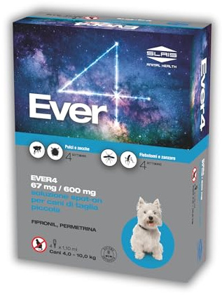 Ever 4 Pipette Antiparassitario Cani S (4-10 KG) - Spot-On per Pulci, Zecche, Flebotomi, Zanzare - Protezione Completa - Fialetta Antipulci Cane