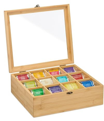 Relaxdays Teebox, 12 Fächer, Teebeutel Aufbewahrung, Bambus, Teekiste mit Sichtfenster, HxBxT: 11 x 32 x 28 cm, natur