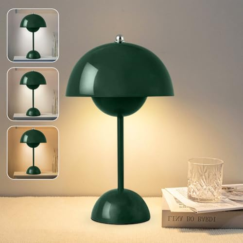 DASIAUTOEM Pilzlampen Tischlampe, LED Akku Tischlampe Kabellos, 3000k-6000k Moderne Aufladbar Touch Dimmbar Nachttischlampe mit 3 Helligkeitsmodi, Pilz Lampe für Schlafzimmer Wohnzimmer (Dunkelgrün)