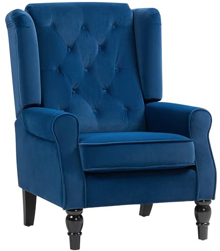 HOMCOM Retro Accent Chair, Velvet Wingback Armchair with Wood Frame Button Tufted Design for Living Room Bedroom, Blue