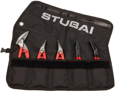 STUBAI Set di mini pinze | borsa arrotolabile, 5 pezzi | PVC – isolato | con mini cesoie | forbici per lamiera destra e sinistra | pinza piegata diritta e 45° | attrezzo professionale compatto e a