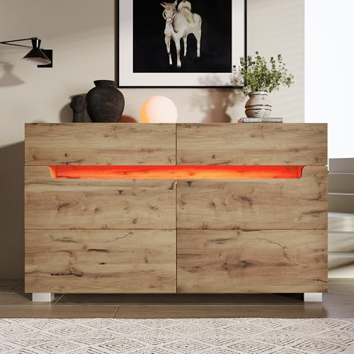 YuQozii Aparador de madera con 6 cajones, iluminación ambiental (controlada por aplicaciones), armario multifunción para salón y dormitorio, 71 x 120 x 40 cm (roble)