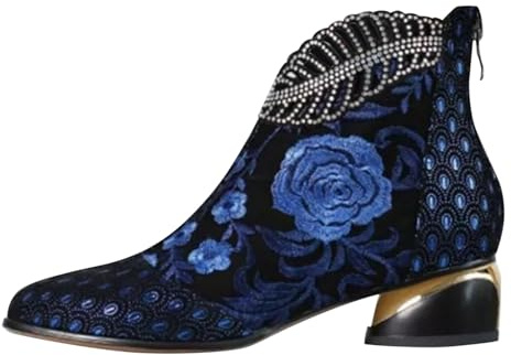 Generiska vinterstövlar damer kort skaft, ankelstövlar damer glitter vintage ankelstövlar blommönster västerländska stövlar med klack stor storlek snöstövlar varma traditionella stövlar breda fötter