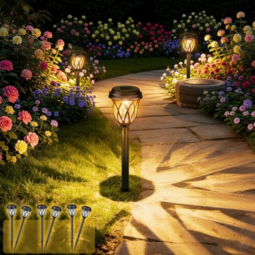 SCNNC Luces Solares LED Exterior Jardin Blanco Cálido, 6 Piezas Impermeable Luz Solar Exterior Jardin Estaca Decorativa para Jardín Caminos Césped Patios Paisajes Pasillo Pasarela