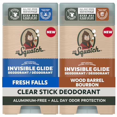 Dr. Squatch Invisible Glide Natural Deodorant – Slät glid med inga fläckar – luminum gratis + dermatologiskt testad formel passar känslig hud – Fresh Falls + Wood Barrel Bourbon (2 stycken)