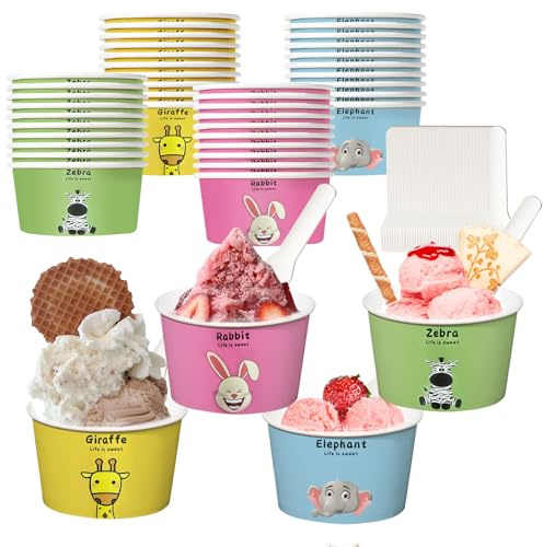 SilverChry 40Pcs Coppette GelatoCarta, Include 40 Cucchiai di Carta, Coppette GelatoUsa e Getta, Coppe Carta per Gelatocon Graziosi Motivi di Animali, per Torte, Gelati e Bevande (A)