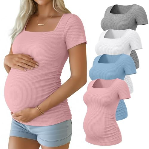 Geyoga Lot de 4 Chemises de Maternité pour Femmes | T-shirt De Maternité À Manches Courtes En Pur Coton Côtelé, Col Carré, IDéal Pour Le Travail Au Quotidien Des Mamans