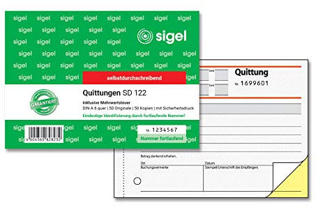 SIGEL SD122 Quittungsblock inkl. MwSt., fortlaufend nummeriert, eindeutige 7stellige Nummer, A6, 2x50 Blatt, selbstdurchschreibend, aus nachhaltigem Papier