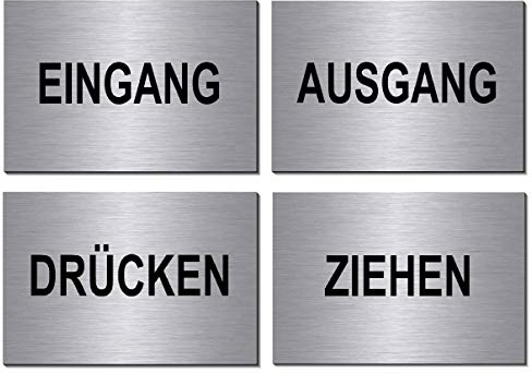 4er Set-Eingang-Ausgang-Drücken-Ziehen-Symbol-Geschäft-Laden-Schild 150 x 100 x 3 mm-Aluminium Edelstahloptik silber mattgebürstet Hinweisschild-Warnschild (4er Set Nr.5 = 4 Stk. mit Klebepats)