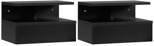 HOMCOM Juego de 2 Mesitas de Noche Flotantes, Mesillas de Noche Dormitorio con Cajón, Estante Abierto, para Sala de Estar, 35x32x22,5 cm, Negro