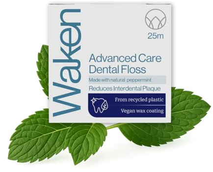 Waken, 25m peppermint Advanced Care Dental Floss, 100% natural flavor, reduces plaque and gum disease, clinically tested, vegan floss, white