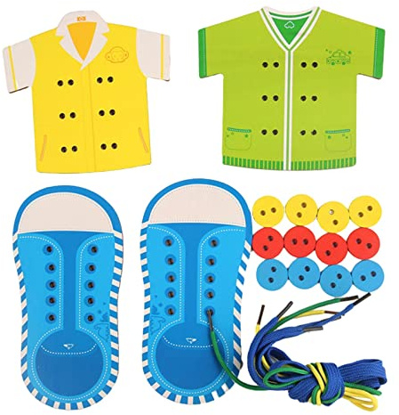 predolo Kids Wooden Threading Toys Lacing Shoes Creative Puzzle Games Develop Imagination, Blue