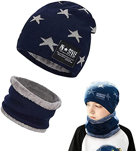 AOMAIGAD Conjunto de Gorro de Punto Invierno Térmico y Bufanda para Niños, Conjunto Gorro y Bufanda de Punto 2 en 1, con Forro de Lana para Niños y Niñas, 5-16 años (Azul)