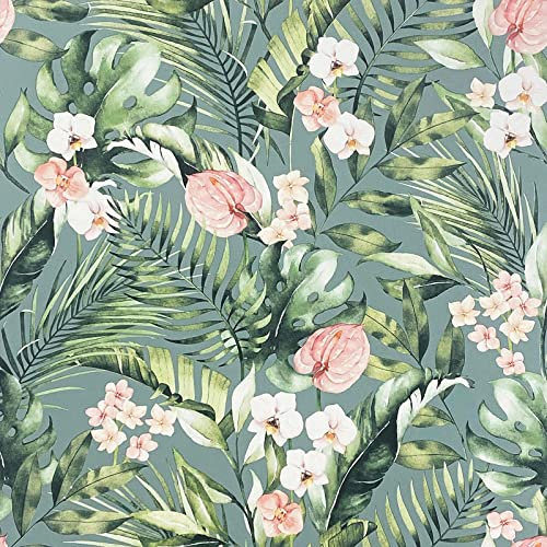 Arthouse | Tropical Floral Sea Blue Wallpaper | Bold & Contemporary Floral Design | Pink Flowers & Green Palm Leaves on Sea Blue Background | Paste The Paper Method | 1005 x 53cm