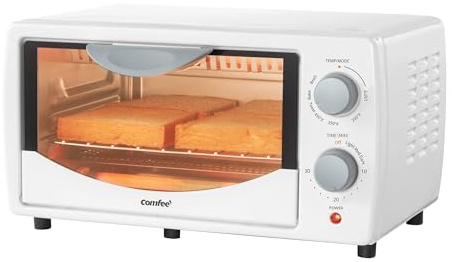 COMFEE' Countertop Oven, Small Toaster Oven Combo 4 slice, Mini Oven for 9 Pizza, Compact Oven, Bake, Broil, 950W, White, CTO-E101A(WH)