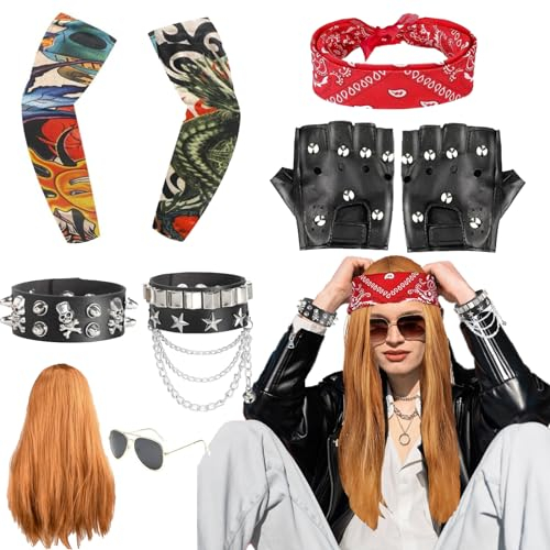 Kikuo Punk Gothic Rocker Kit, Punk Gothic Kit Heavy Metal Perücke Rocker, Rocker Star Punker Halskette Bandanas Handschuhe Sonnenbrille Tattoo Sleeve Hip Hop Disco Kostüm Accessoires