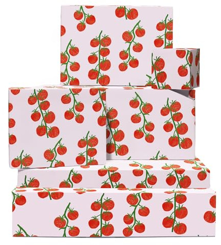 Omslagspapper för tomat – 6 ark presentpapper med etiketter – röda tomatmönster – flickors omslagspapper födelsedag – levereras med klistermärken – återvinningsbar – av Central 23