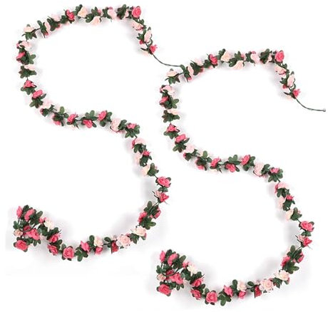 FveVqe 2Pcs Pink Flower Garland, Artificial Flower Garland Outdoor, Wedding Arch Table Wall Backdrop Wreath Decoration (7.8ft Each, 15.74ft Total)
