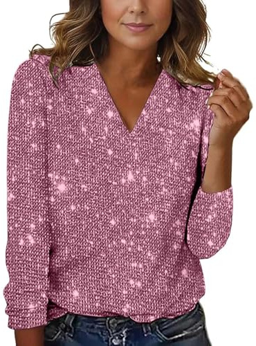 Generisk glittertröja dam, paljetter pullover V-ringad elegant långärmad tröja party långärmad t-shirt tryckt topp festlig ledig blus outfit trendiga tryck toppar klänning tröja, ROSA, L