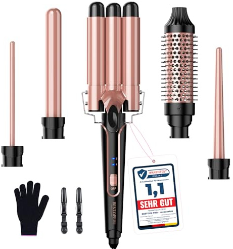 Ferro Arricciacapelli 5 in 1- Set 3 Tubi Piastra Capelli Onde Ceramica, Piastra Onde per Capelli 2 Température, Piastra per Onde con Ferri di Diverso Diametro,Spazzola per styling