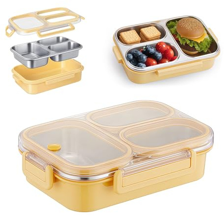 Xanthelle Caja de Almuerzo con Compartimentos, Caja de Acero Inoxidable para Niños & Snackbox con Compartimentos, Bento Box 3 Compartimentos, Caja de Snack de Acero Inoxidable a Prueba de Fugas para