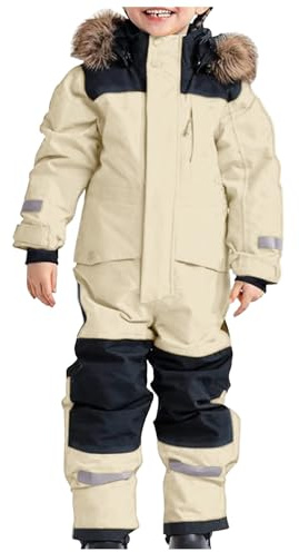 Traje de Esquí para Niños y Niña con Capucha Impermeable Mono de Nieve Trajes de Cálido Mono de Esquí Grueso con Reflectantes (A-Beige, 14-15 Years)