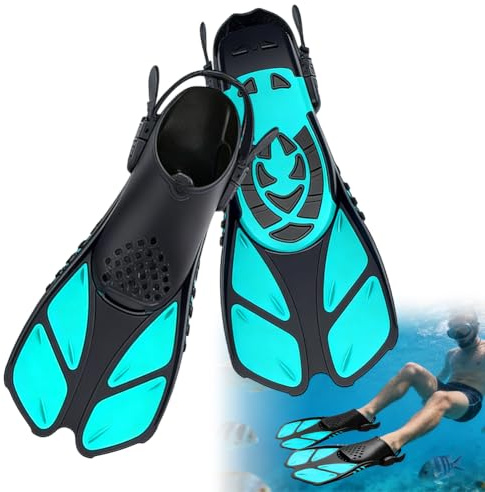 Aletas de natación ajustables para adultos y niños, aletas de buceo y tamaño de viaje, compactas y cómodas con tacón abierto (cian, L/XL)