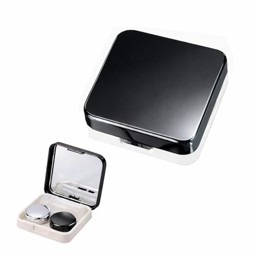 CAYLEKI Mirrored Contact Lens Case with Built-in Portable Mirror - Compact Travel Lens Storage Box for Wear & Removal, Square Design with Glossy Black Lid and Matte White Base (Black)