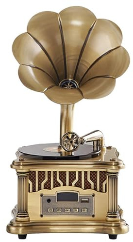 Giradischi Bluetooth con radio FM, clacson retrò in metallo, riproduzione USB, doppia velocità, telecomando, grammofono vintage, decorazione per la casa e l'intrattenimento