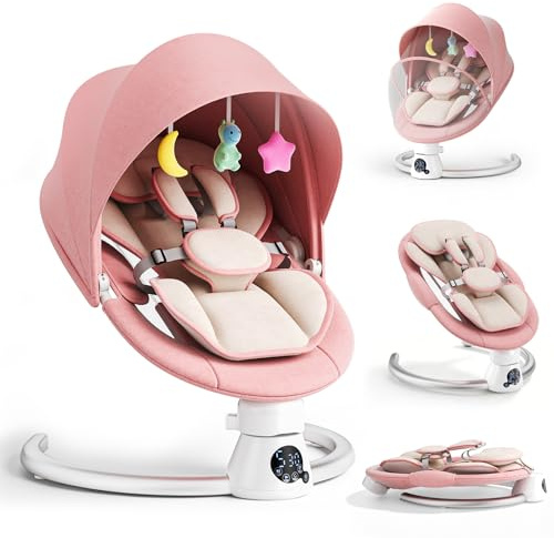Sdraietta Neonati Elettrica con Schienale Regolabile su 2 Livelli - App e Telecomando Dondolo Neonati Elettrico con 3 Timer, 5 Velocità di Altalena, 12 Musiche, Altalena Neonato Bluetooth (Rosa)