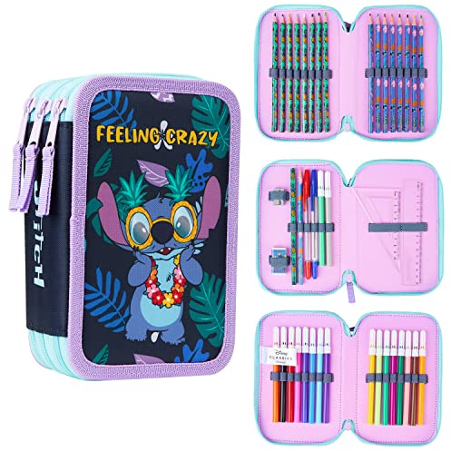 Disney Stitch Filled Pencil Case with Colored Pencils, Markers, Gifts for Girls Kids, Stationery School Art Supplies Pouch Holder Organizer (Multi Stitch Triple Zip)